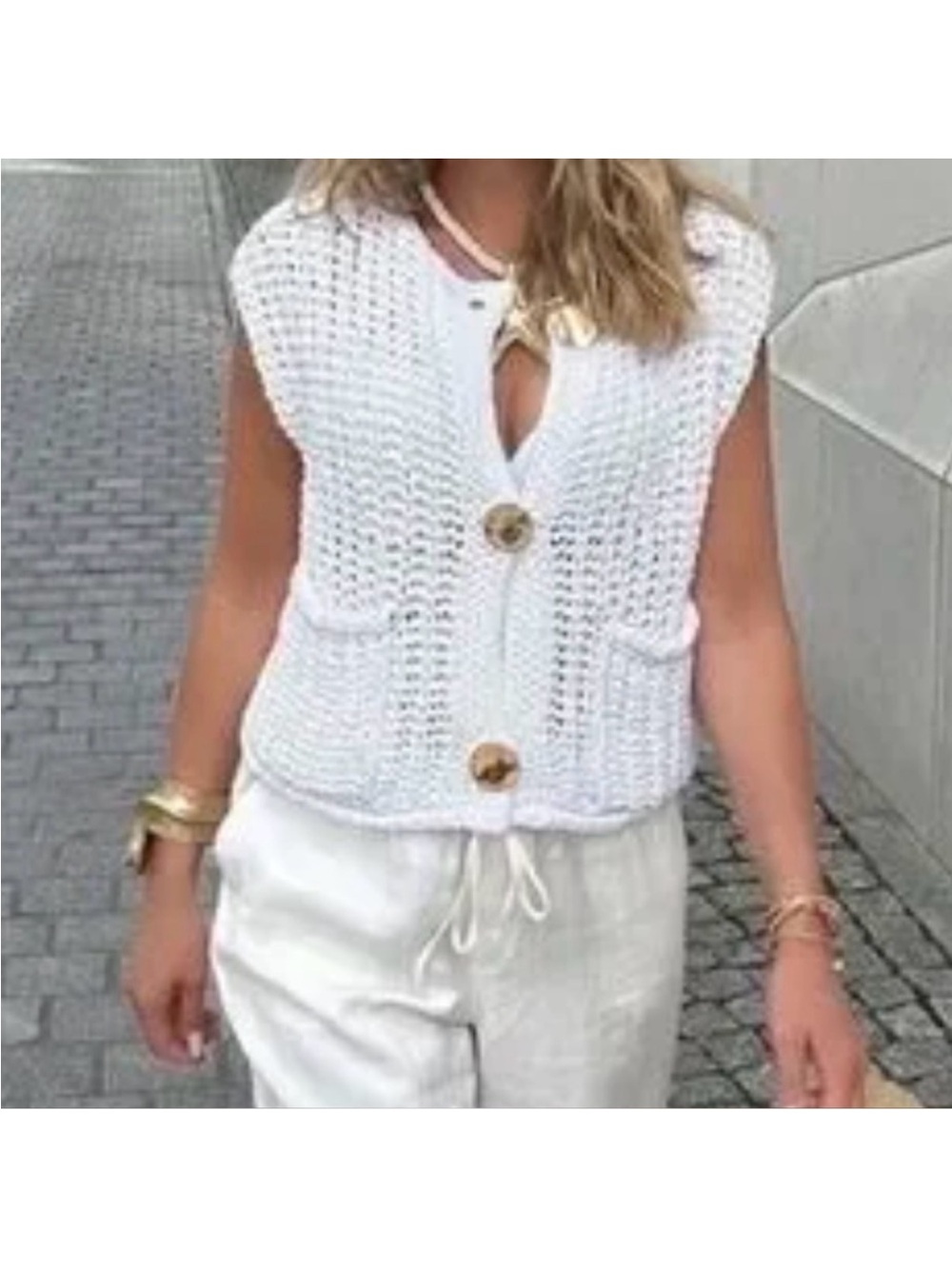 Zara chunky knit crochet white vest with gold buttons